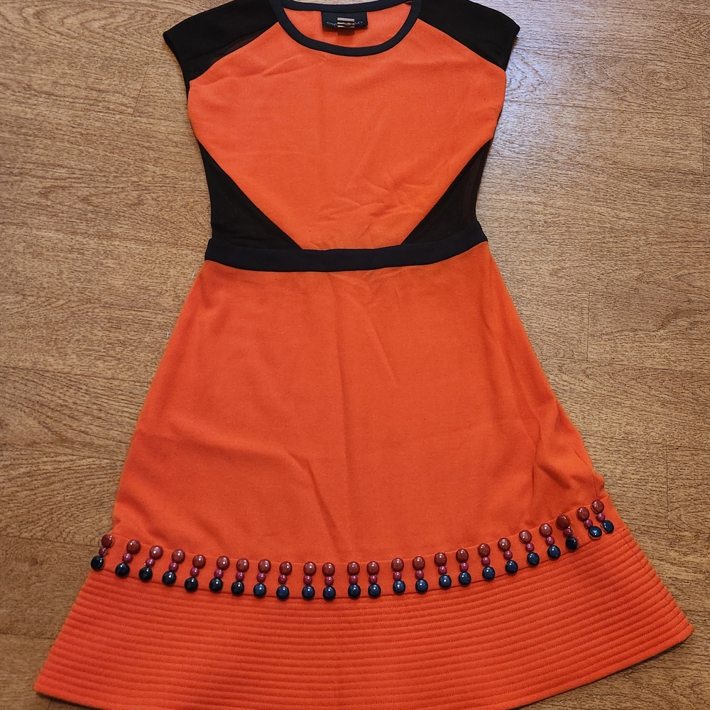 Cynthia Rowley Orange and Black Beaded Midi Dress, New Without Tags